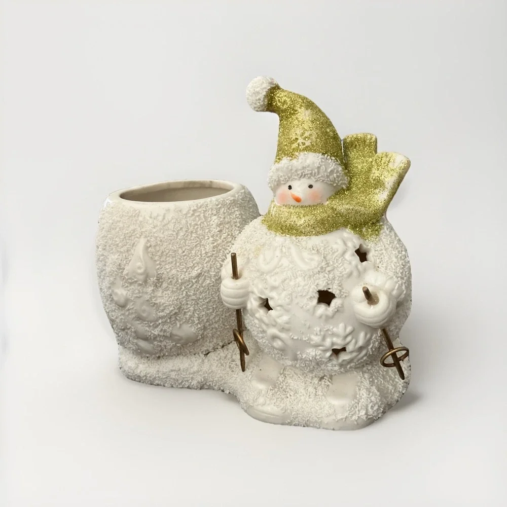 Yankee Candle Snowman Skier Poles Glitter Gold Stars Votive Tea Light Holder